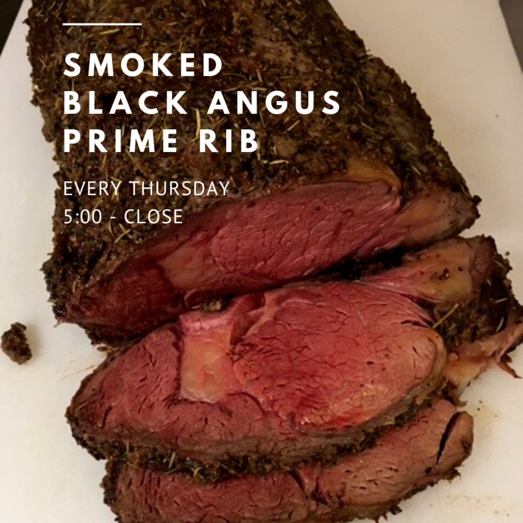 smoked black angus prime rib is back at J renders every Thursday at 5pm